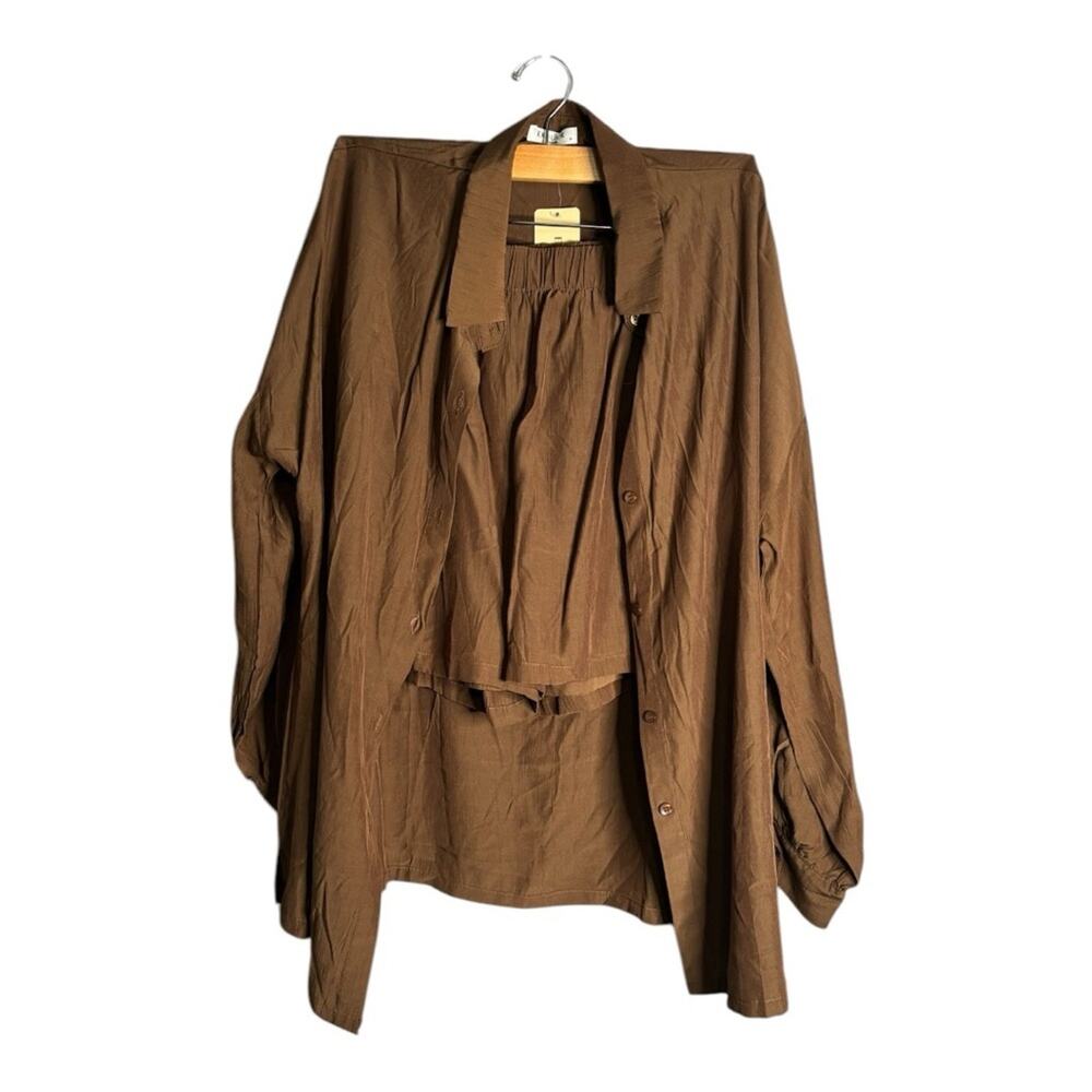 Ekouaer Brown Shorts Set With a Long Sleeve Button Down Shirt Medium